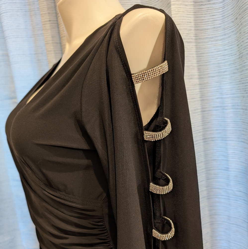 Roz & Ali rhinestone striped sleeve blouse - L